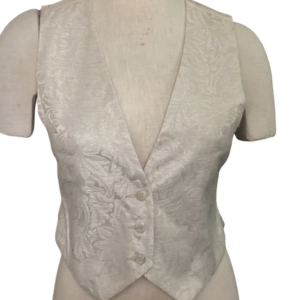 VTG (ILGWU) Liz Claiborne Sz P/Petite Brocade Waistcoat Vest Beige Linen Bl 106J